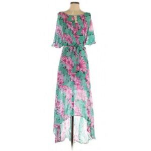 Leifnotes Anthropologie Hibiscus Dare Floral Belted Hi-Lo Sheer Maxi Dress, 2